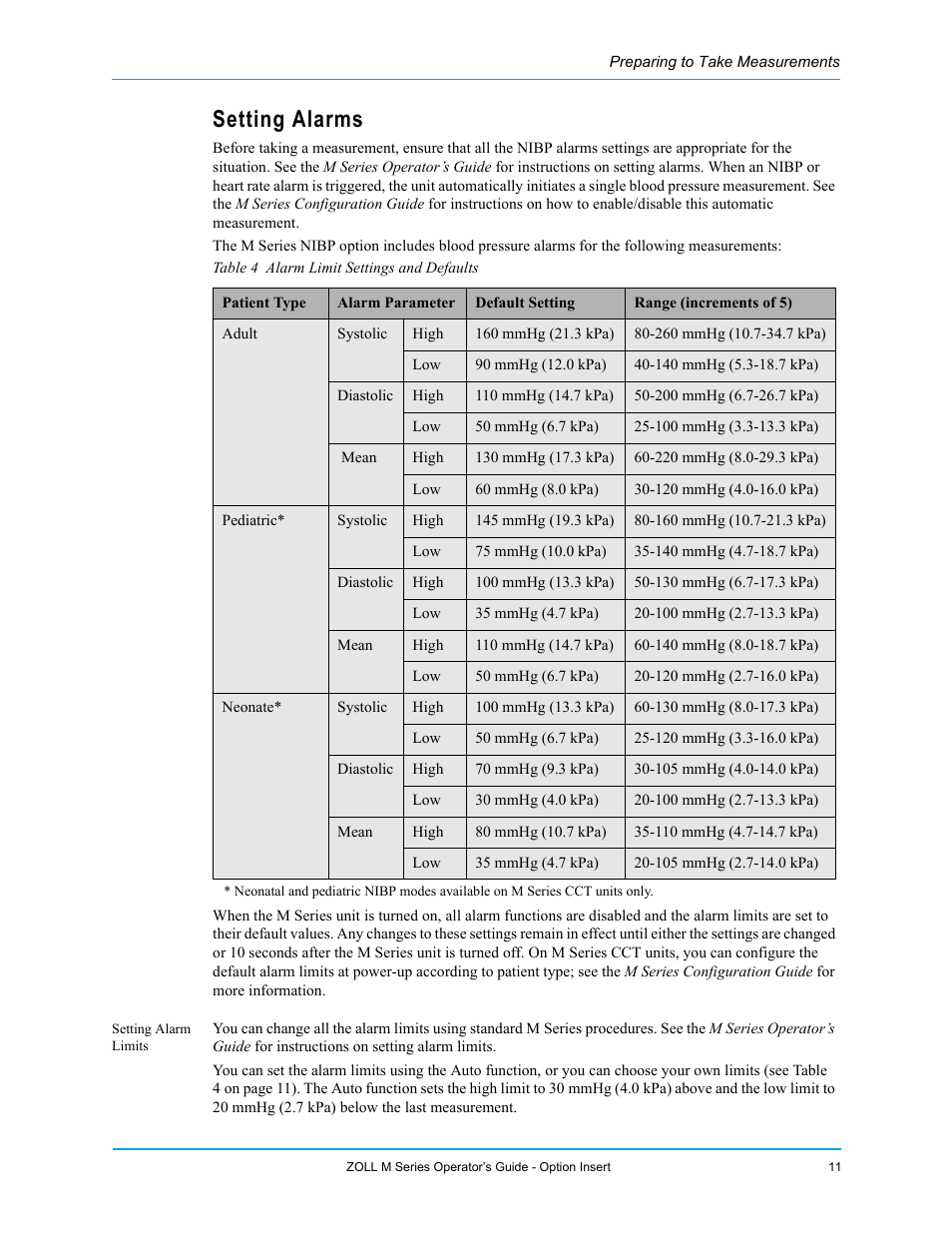 Setting alarms, Setting alarm limits | ZOLL M Series Defibrillator Rev G NIBP User Manual | Page 17 / 30