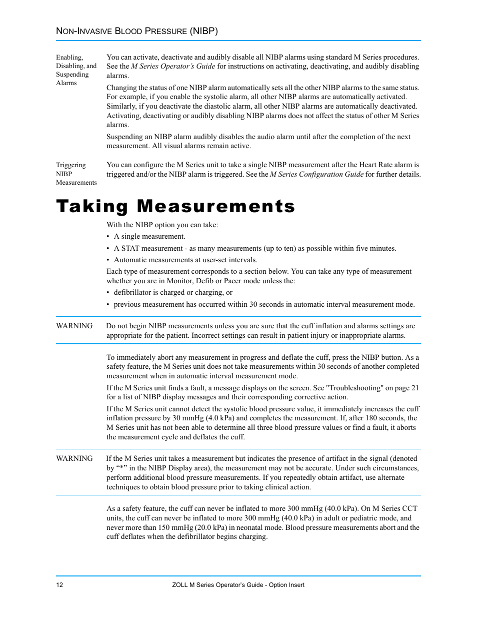 Enabling, disabling, and suspending alarms, Triggering nibp measurements, Taking measurements | ZOLL M Series Defibrillator Rev G NIBP User Manual | Page 18 / 30