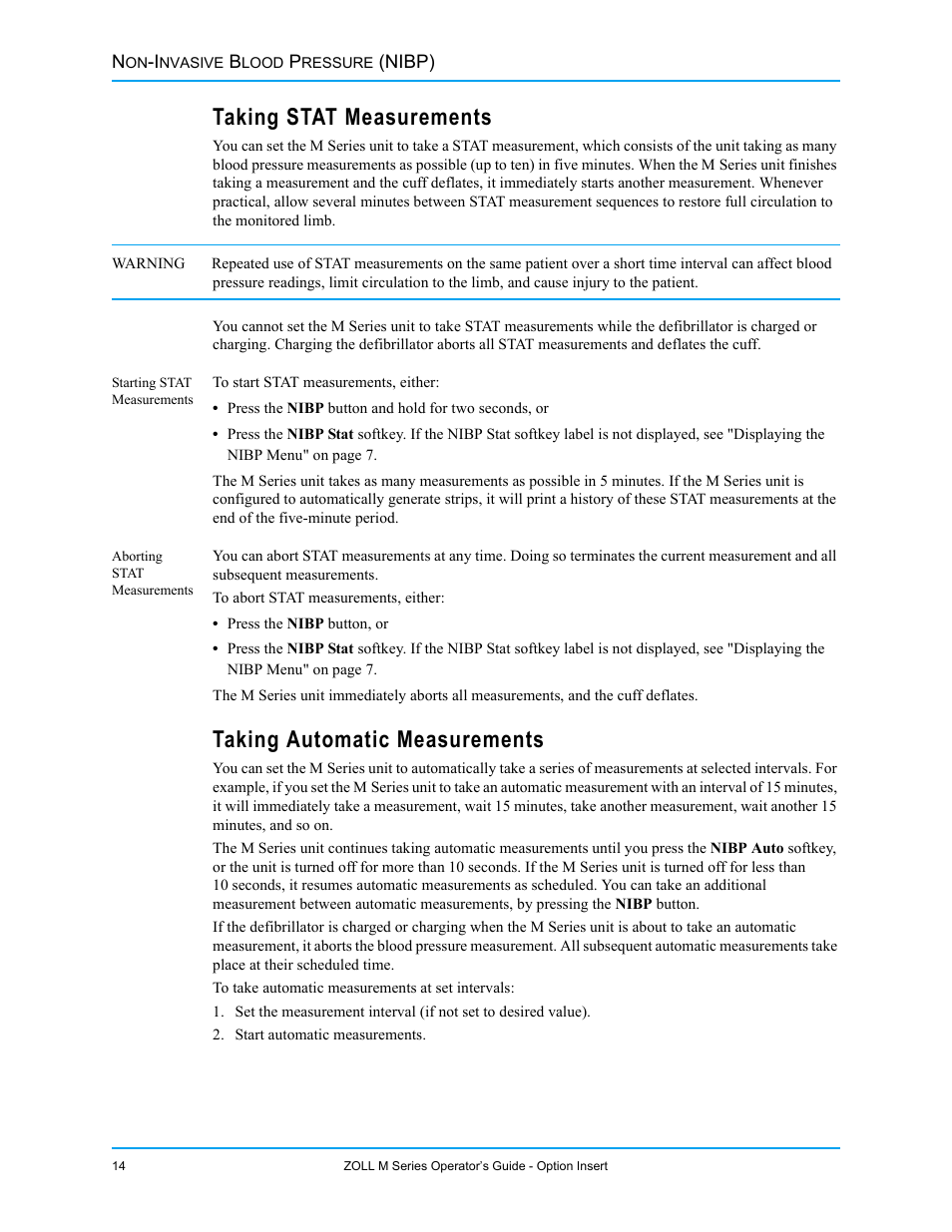 Taking stat measurements, Starting stat measurements, Aborting stat measurements | Taking automatic measurements | ZOLL M Series Defibrillator Rev G NIBP User Manual | Page 20 / 30