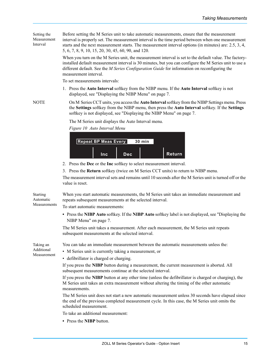Setting the measurement interval, Starting automatic measurements, Taking an additional measurement | ZOLL M Series Defibrillator Rev G NIBP User Manual | Page 21 / 30