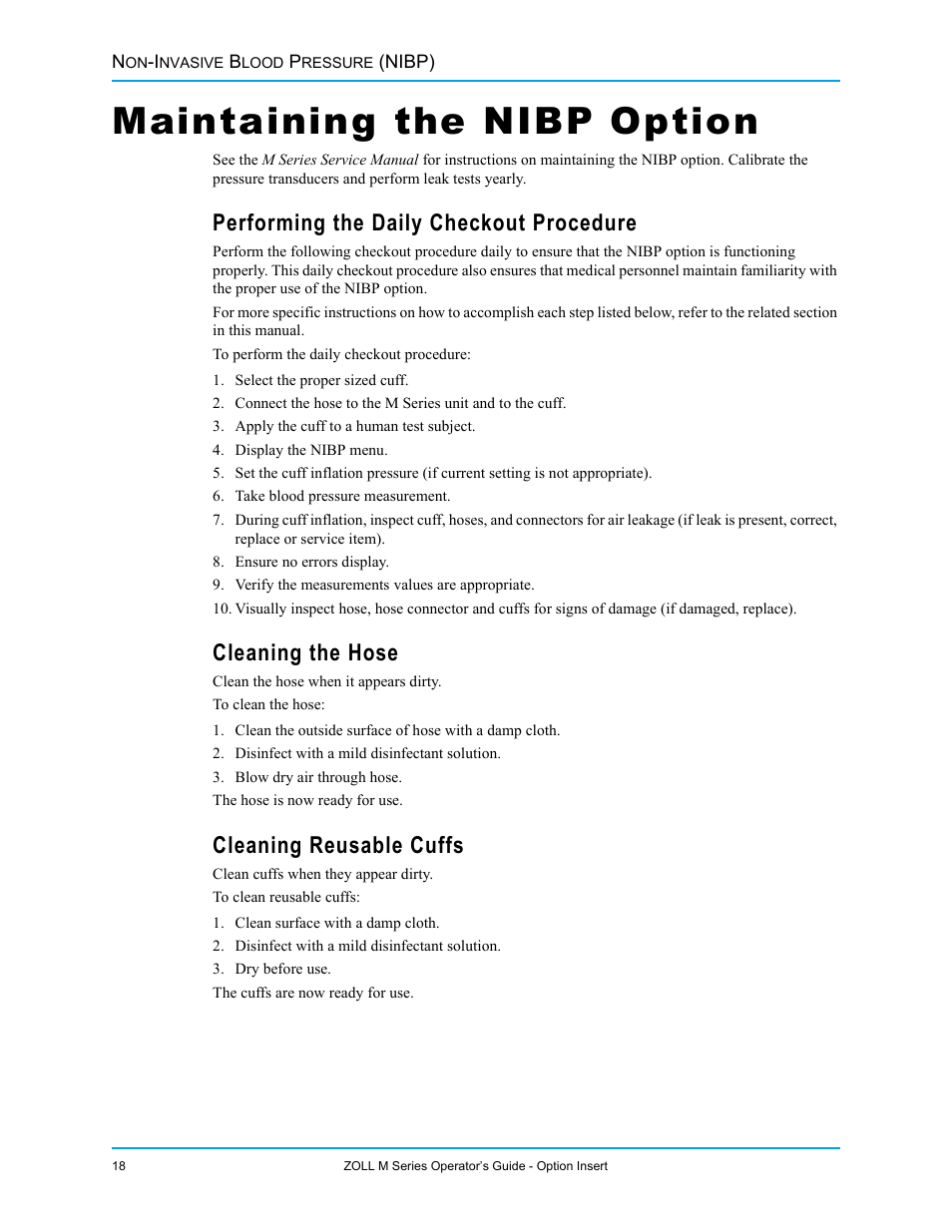 Maintaining the nibp option, Performing the daily checkout procedure, Cleaning the hose | Cleaning reusable cuffs | ZOLL M Series Defibrillator Rev G NIBP User Manual | Page 24 / 30
