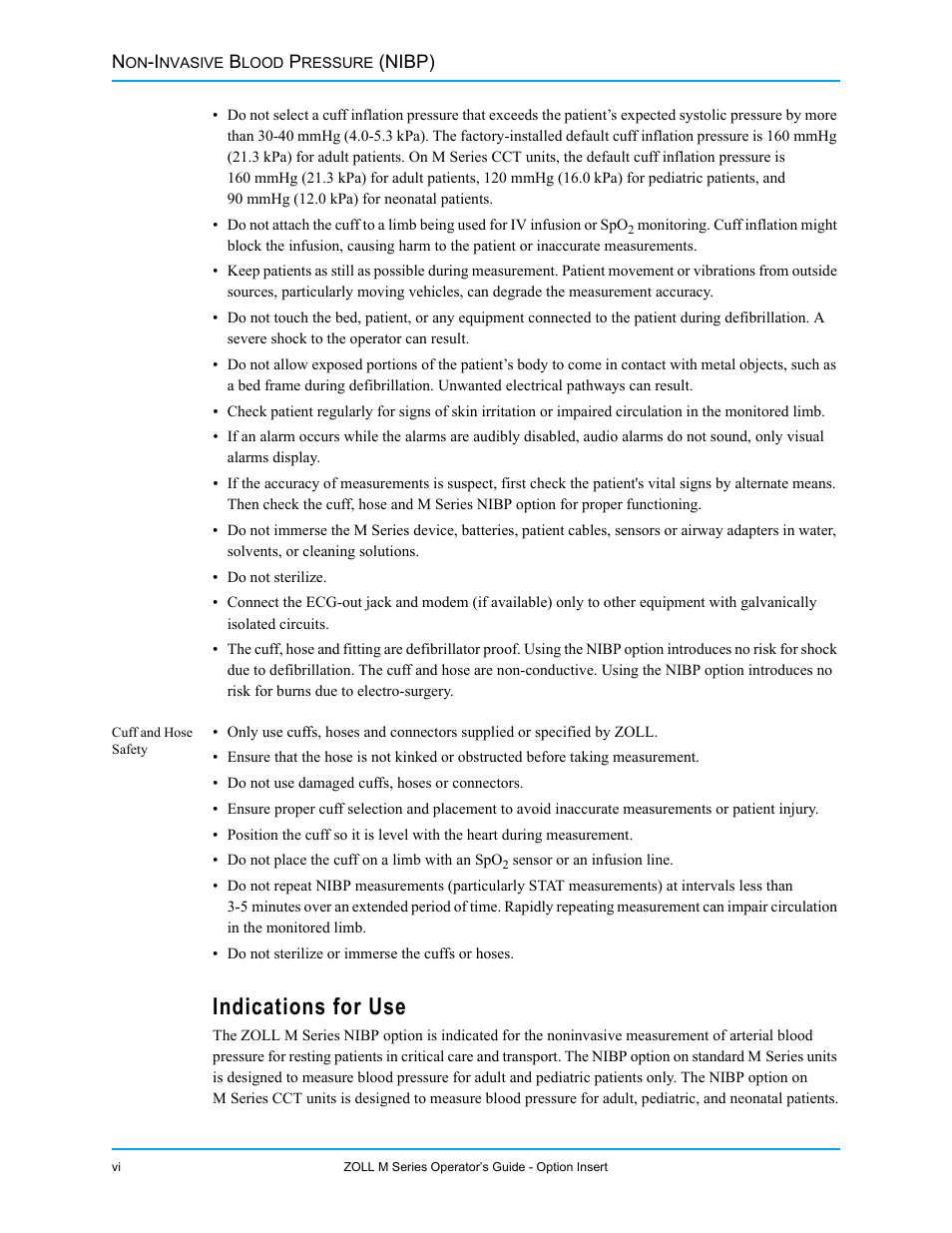 Cuff and hose safety, Indications for use, Ications for use | ZOLL M Series Defibrillator Rev G NIBP User Manual | Page 4 / 30