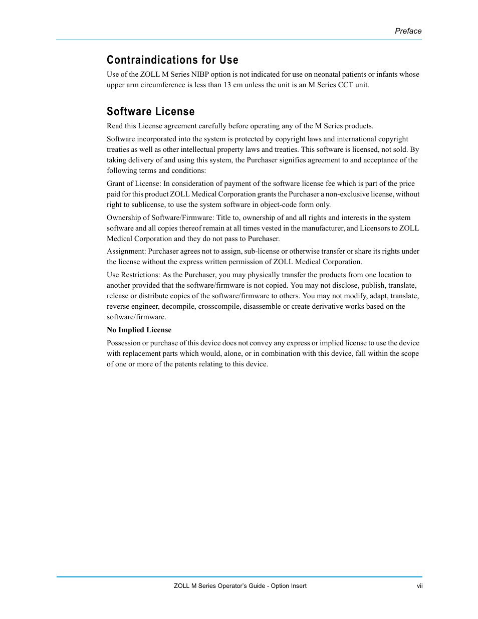 Contraindications for use, Software license | ZOLL M Series Defibrillator Rev G NIBP User Manual | Page 5 / 30