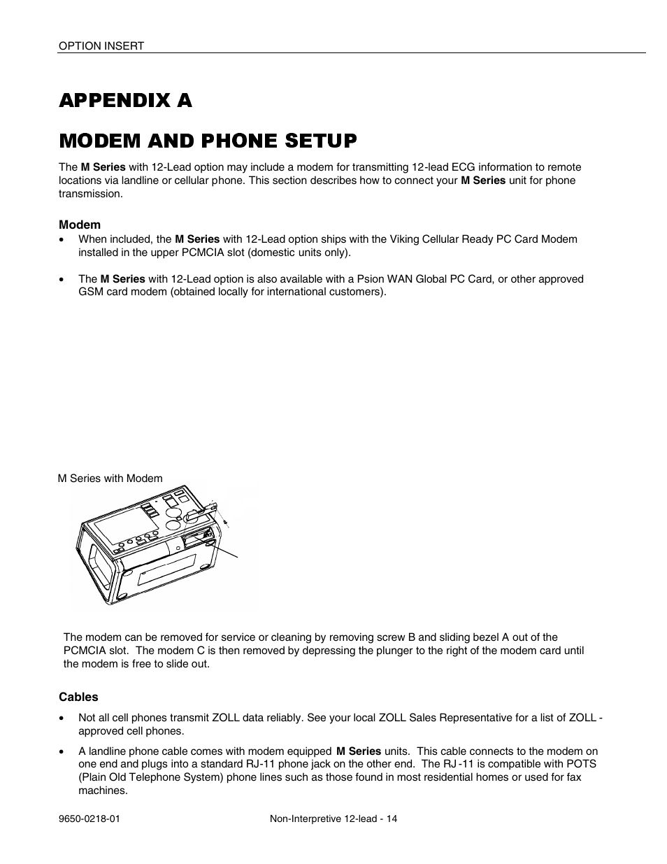 Appendix a modem and phone setup | ZOLL M Series Defibrillator Rev B Non-Int 12 Lead User Manual | Page 16 / 20