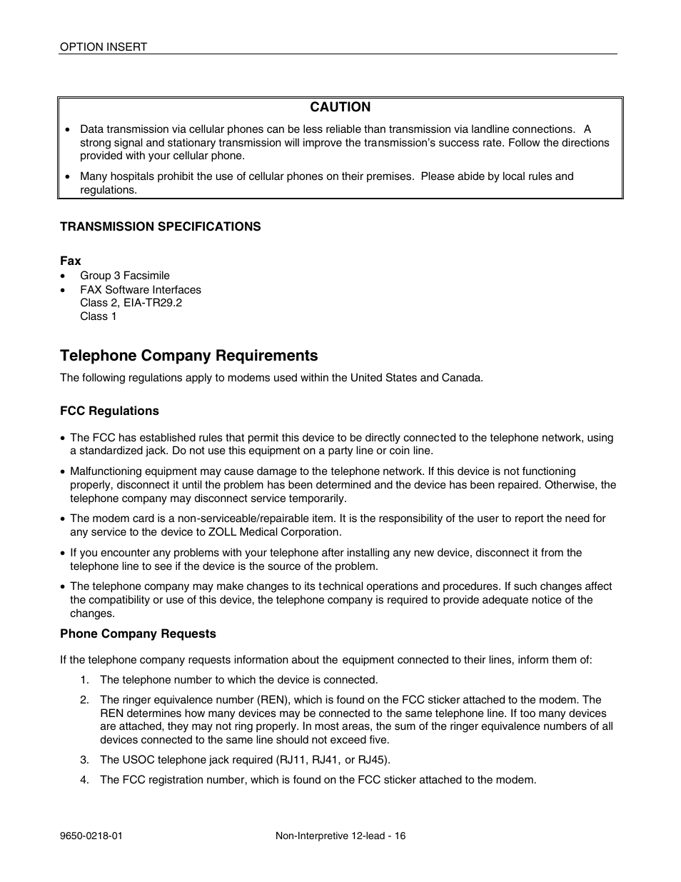 Telephone company requirements | ZOLL M Series Defibrillator Rev B Non-Int 12 Lead User Manual | Page 18 / 20