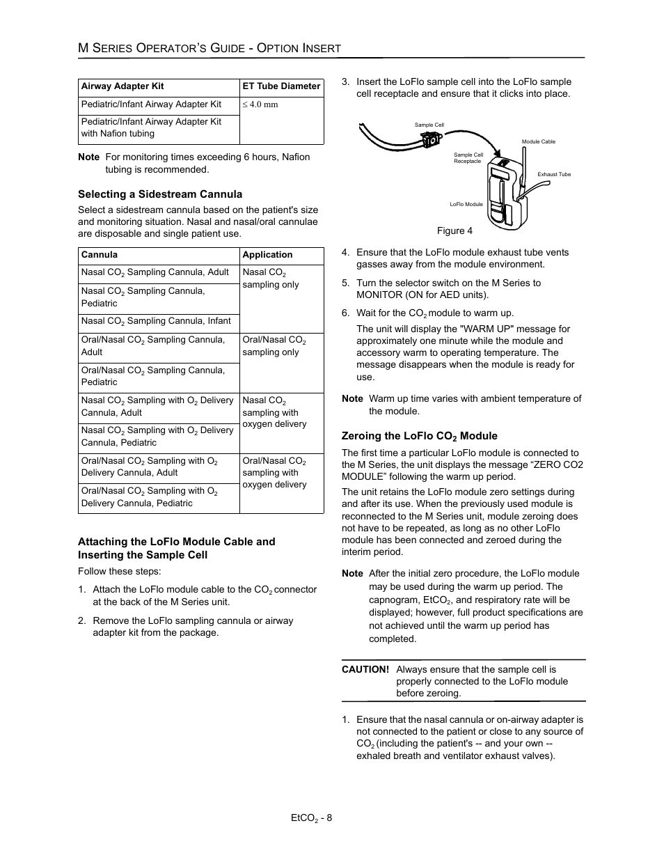 Selecting a sidestream cannula, Zeroing the loflo co2 module | ZOLL M Series Defibrillator Rev D ETCO2 User Manual | Page 10 / 24