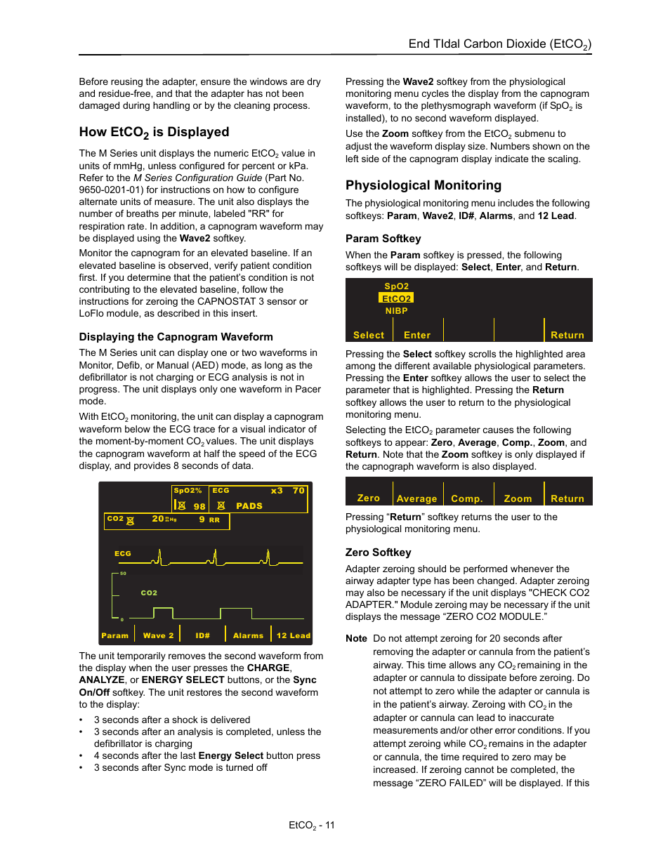 How etco2 is displayed, Displaying the capnogram waveform, Physiological monitoring | Param softkey, Zero softkey, How etco, Is displayed, End tidal carbon dioxide (etco | ZOLL M Series Defibrillator Rev D ETCO2 User Manual | Page 13 / 24