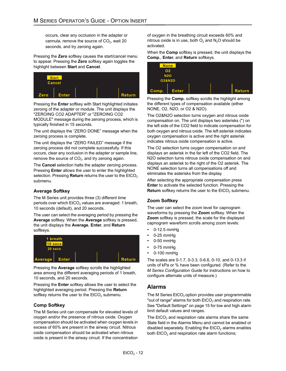 Average softkey, Comp softkey, Zoom softkey | Alarms | ZOLL M Series Defibrillator Rev D ETCO2 User Manual | Page 14 / 24