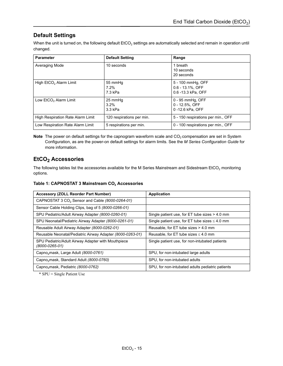 Default settings, Etco2 accessories, Etco | Accessories, End tidal carbon dioxide (etco | ZOLL M Series Defibrillator Rev D ETCO2 User Manual | Page 17 / 24