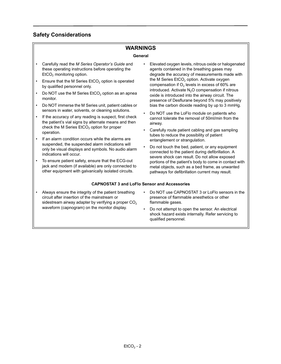 Safety considerations, Safety considerations warnings | ZOLL M Series Defibrillator Rev D ETCO2 User Manual | Page 4 / 24