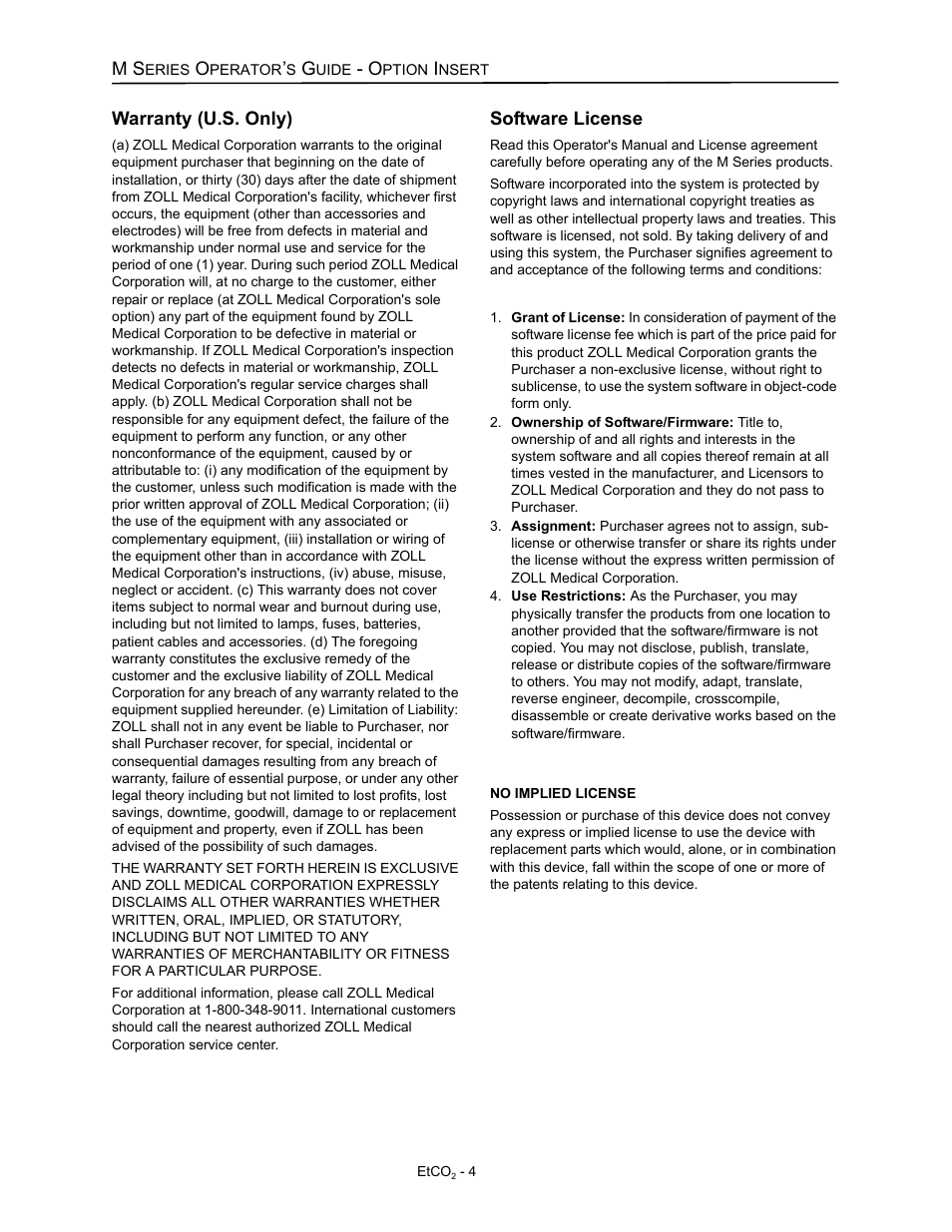 Warranty (u.s. only), Software license | ZOLL M Series Defibrillator Rev D ETCO2 User Manual | Page 6 / 24