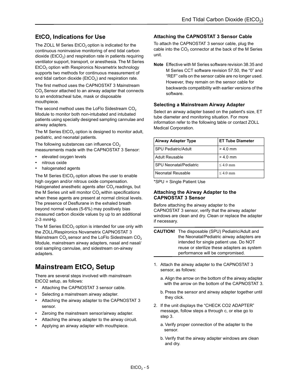 Etco2 indications for use, Mainstream etco2 setup, Attaching the capnostat 3 sensor cable | Selecting a mainstream airway adapter, Mainstream etco, Setup, Etco, Indications for use, End tidal carbon dioxide (etco | ZOLL M Series Defibrillator Rev D ETCO2 User Manual | Page 7 / 24