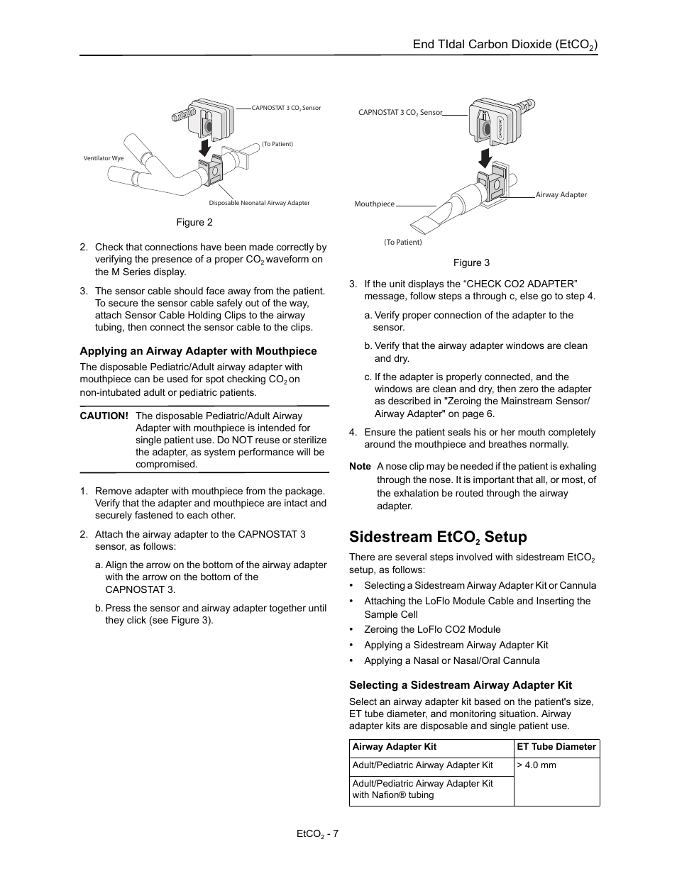 Applying an airway adapter with mouthpiece, Sidestream etco2 setup, Selecting a sidestream airway adapter kit | Sidestream etco, Setup, End tidal carbon dioxide (etco | ZOLL M Series Defibrillator Rev D ETCO2 User Manual | Page 9 / 24