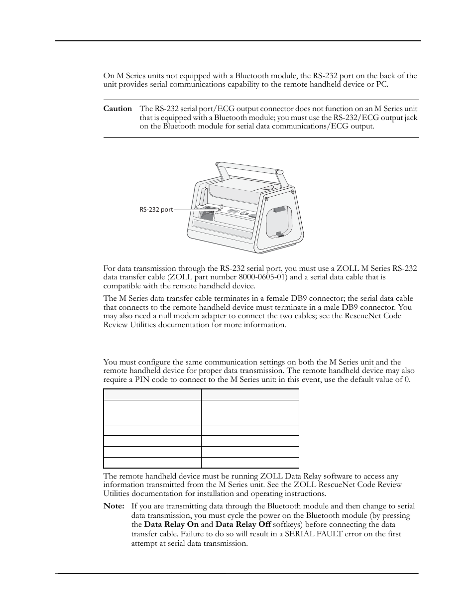 Rs-232 serial port, Communication settings | ZOLL M Series Defibrillator Rev E Bluetooth User Manual | Page 6 / 12