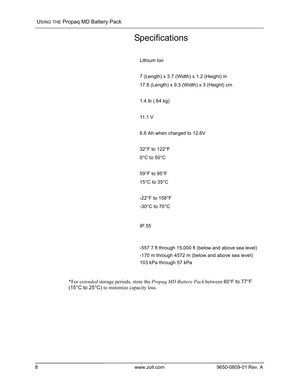 Propaq md battery pack specifications | ZOLL Propaq MD Rev A User Manual | Page 10 / 10
