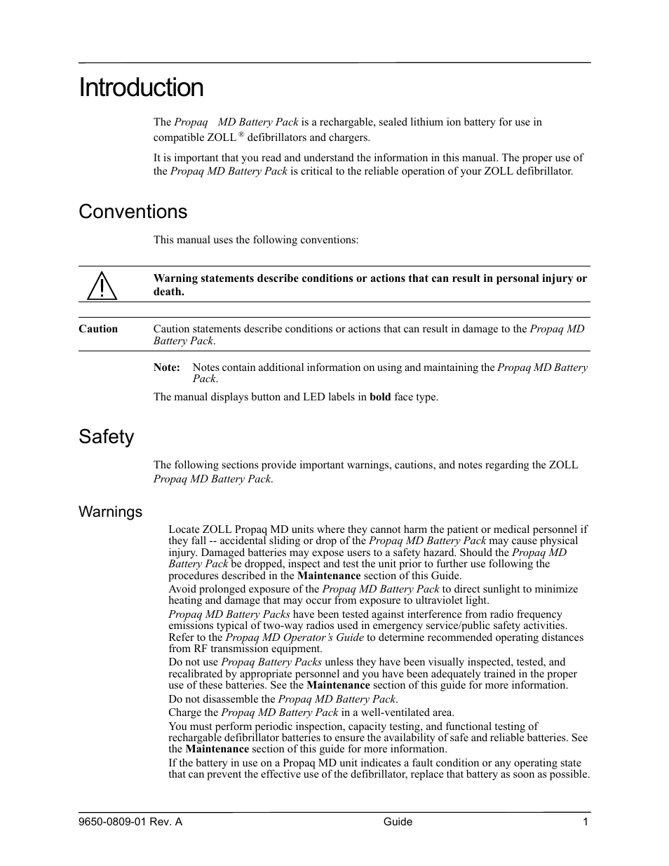 Introduction, Conventions, Safety | Warnings | ZOLL Propaq MD Rev A User Manual | Page 3 / 10