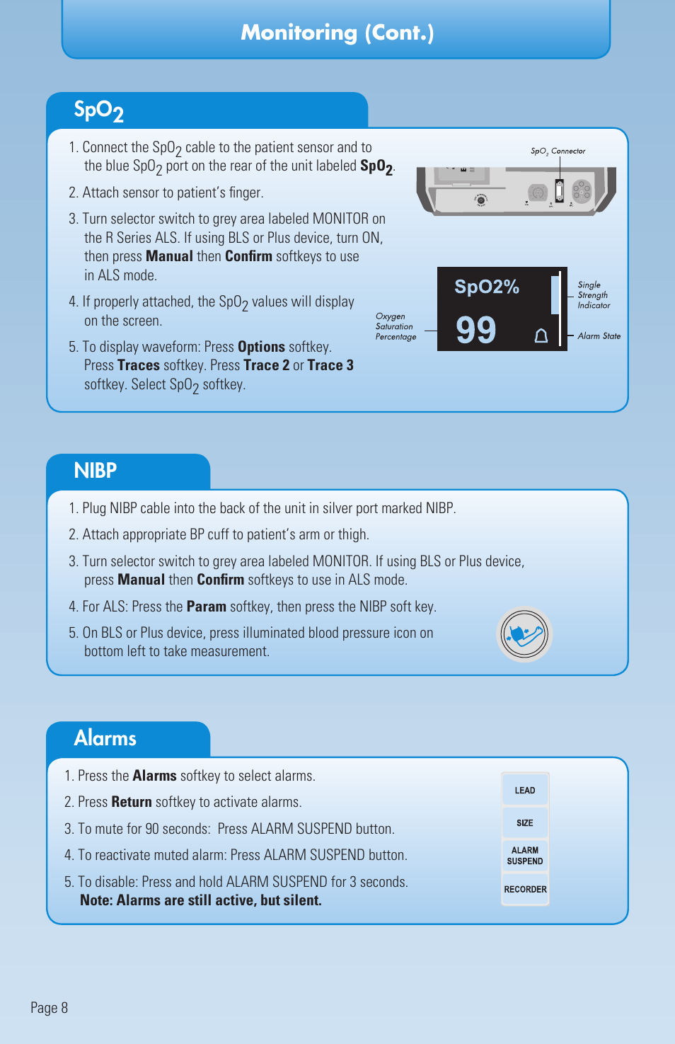 Monitoring (cont.) spo2, Nibp, Alarms | ZOLL R Series Monitor Defibrillator Rev E User Manual | Page 11 / 12