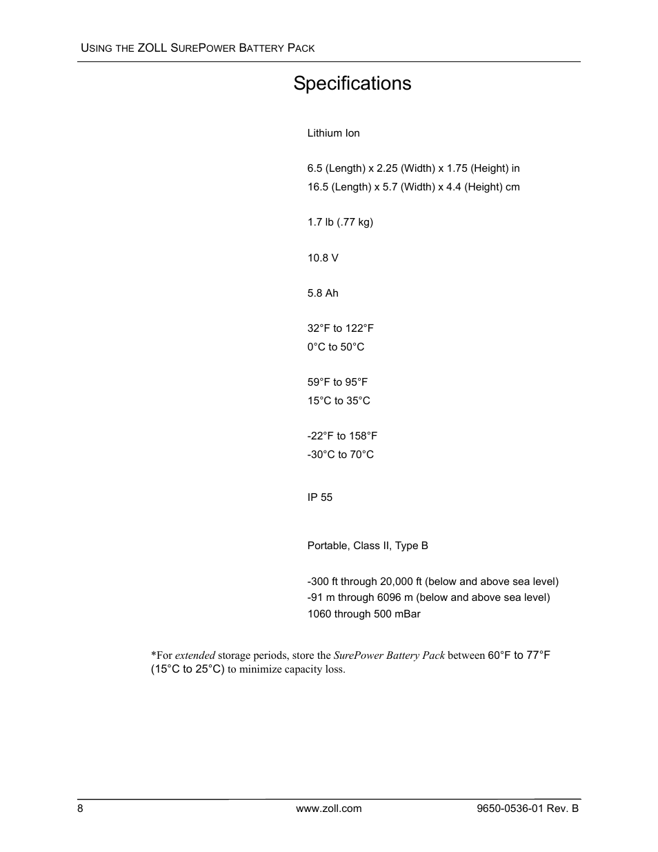 Surepower battery pack specifications | ZOLL SurePower Rev B Battery Pack User Manual | Page 10 / 10