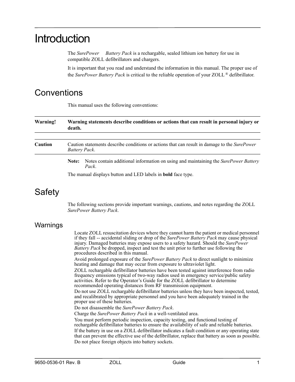 Introduction, Conventions, Safety | Warnings | ZOLL SurePower Rev B Battery Pack User Manual | Page 3 / 10