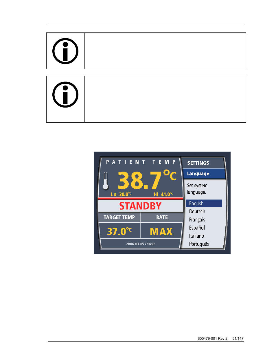 Language, Standby timer | ZOLL Thermogard XP IVTM System Operation Manual User Manual | Page 51 / 147