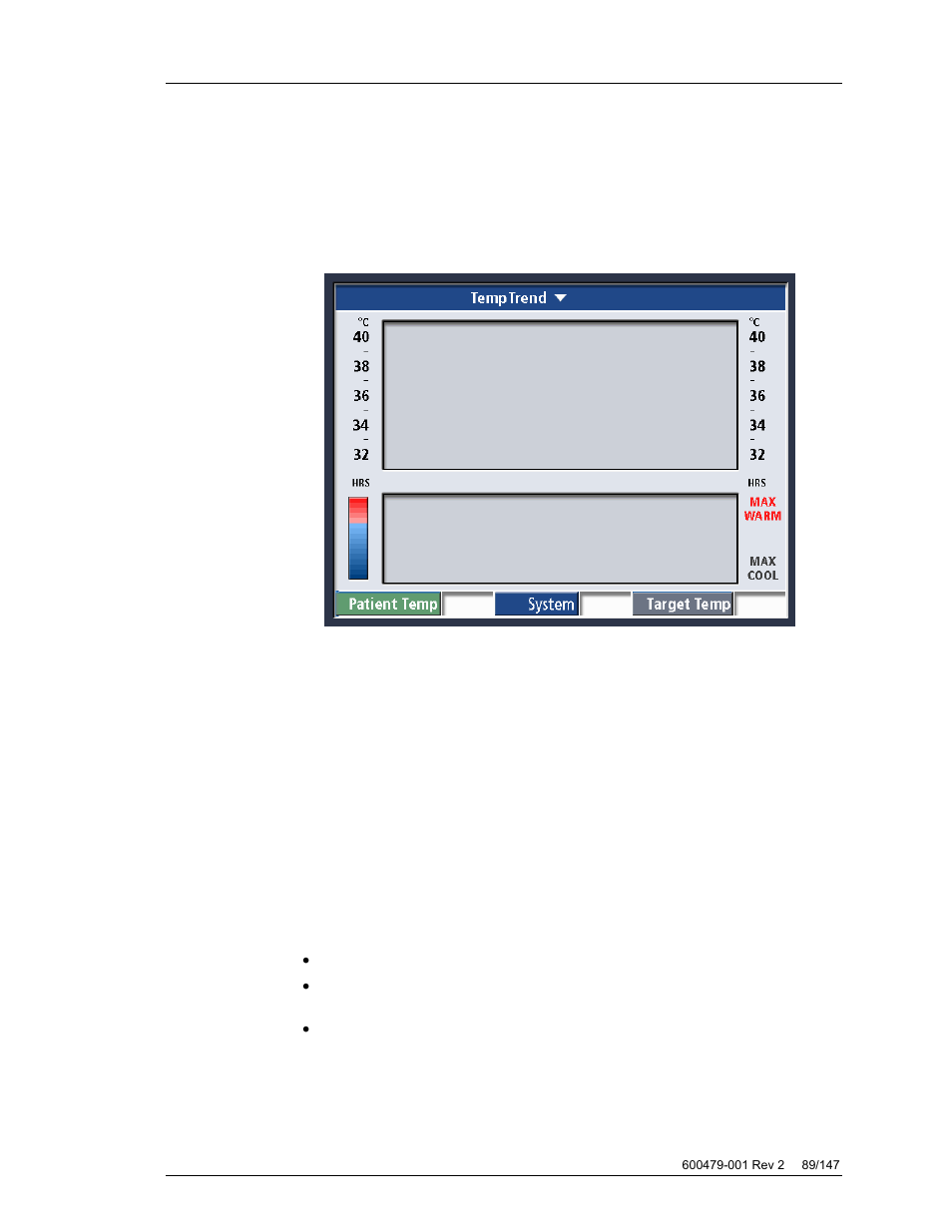 Temperature trend graph, Patient temperature, System activity | ZOLL Thermogard XP IVTM System Operation Manual User Manual | Page 89 / 147