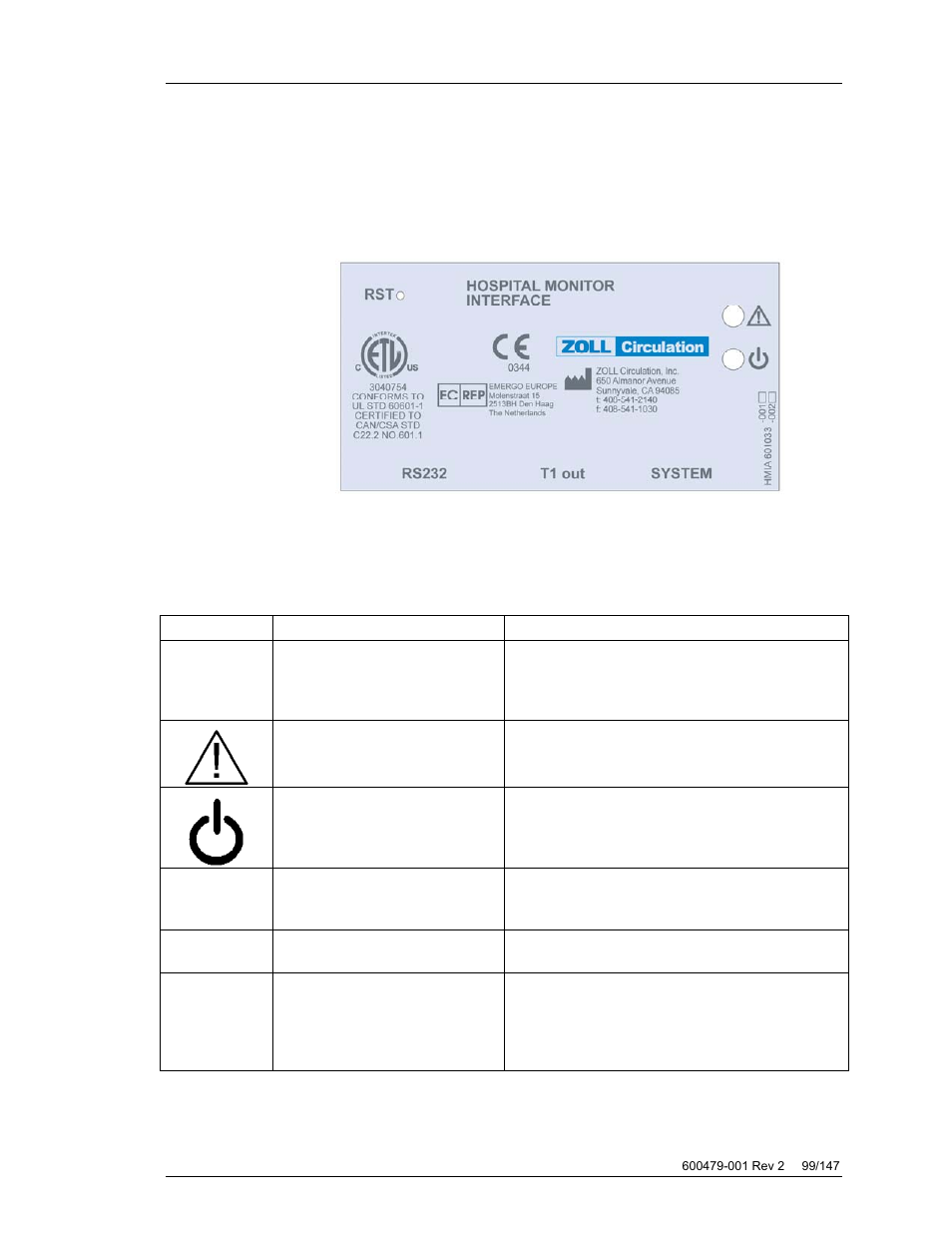 Controls and indicators on the hmia, Rs232, T1 out | System | ZOLL Thermogard XP IVTM System Operation Manual User Manual | Page 99 / 147