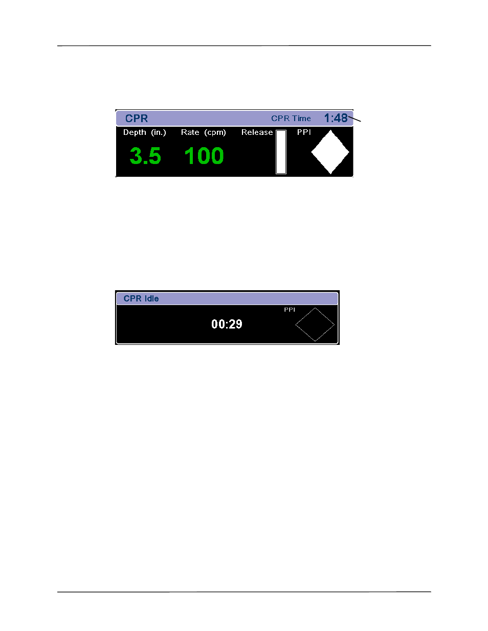 Cpr compression bar graph, Cpr countdown timer, Cpr idle time display | Fully release prompt | ZOLL X Series Monitor Defibrillator Rev H User Manual | Page 231 / 328