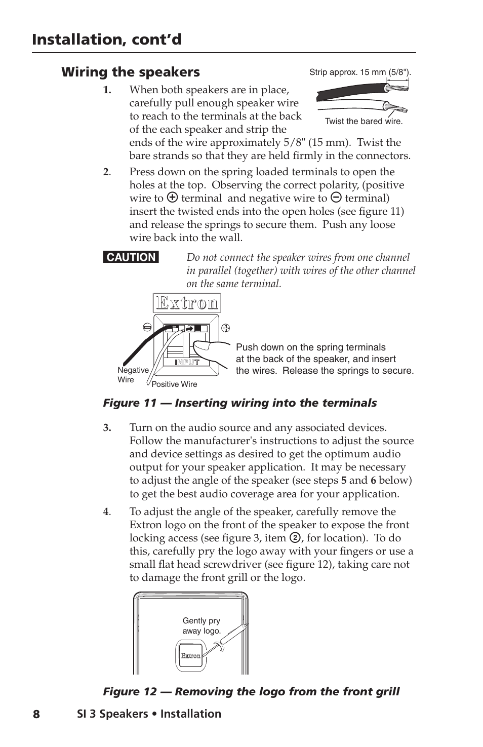 Wiring the speakers, Extron, Installation, cont’d | Extron Electronics SI 3 System INTEGRATOR User Guide User Manual | Page 10 / 16