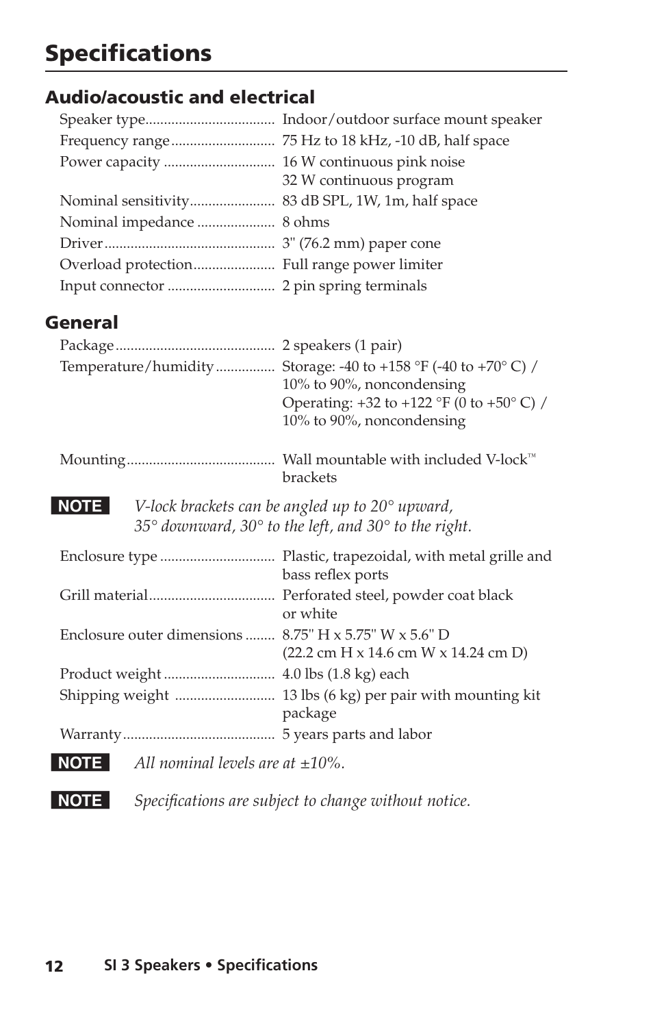 Specifications, Audio/acoustic and electrical, General | Extron Electronics SI 3 System INTEGRATOR User Guide User Manual | Page 14 / 16