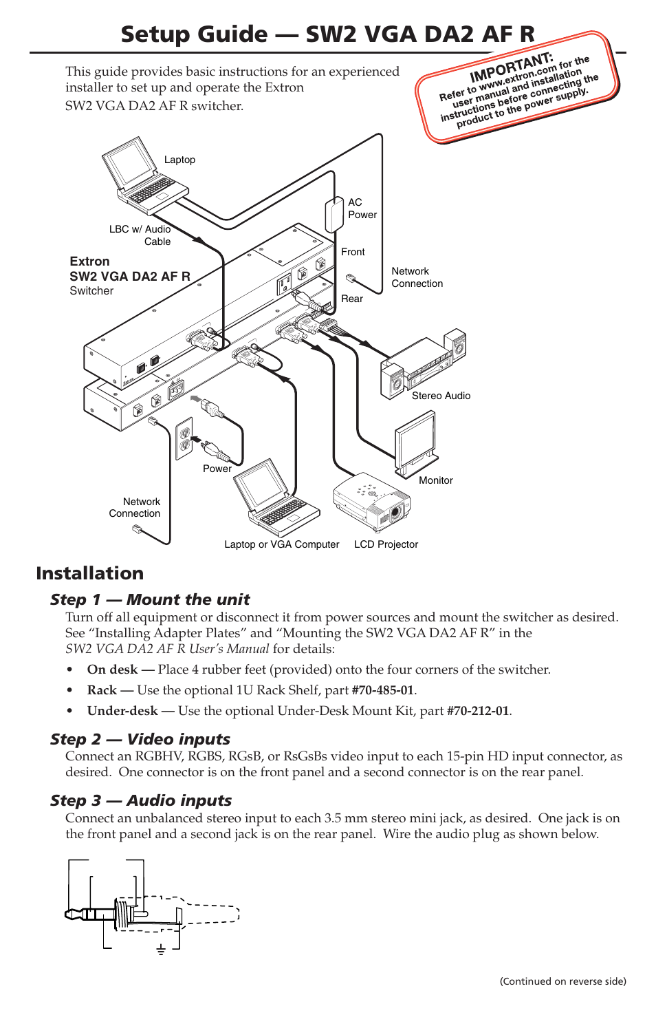 Extron Electronics SW2 VGA DA2 AF R Setup Guide User Manual | 2 pages
