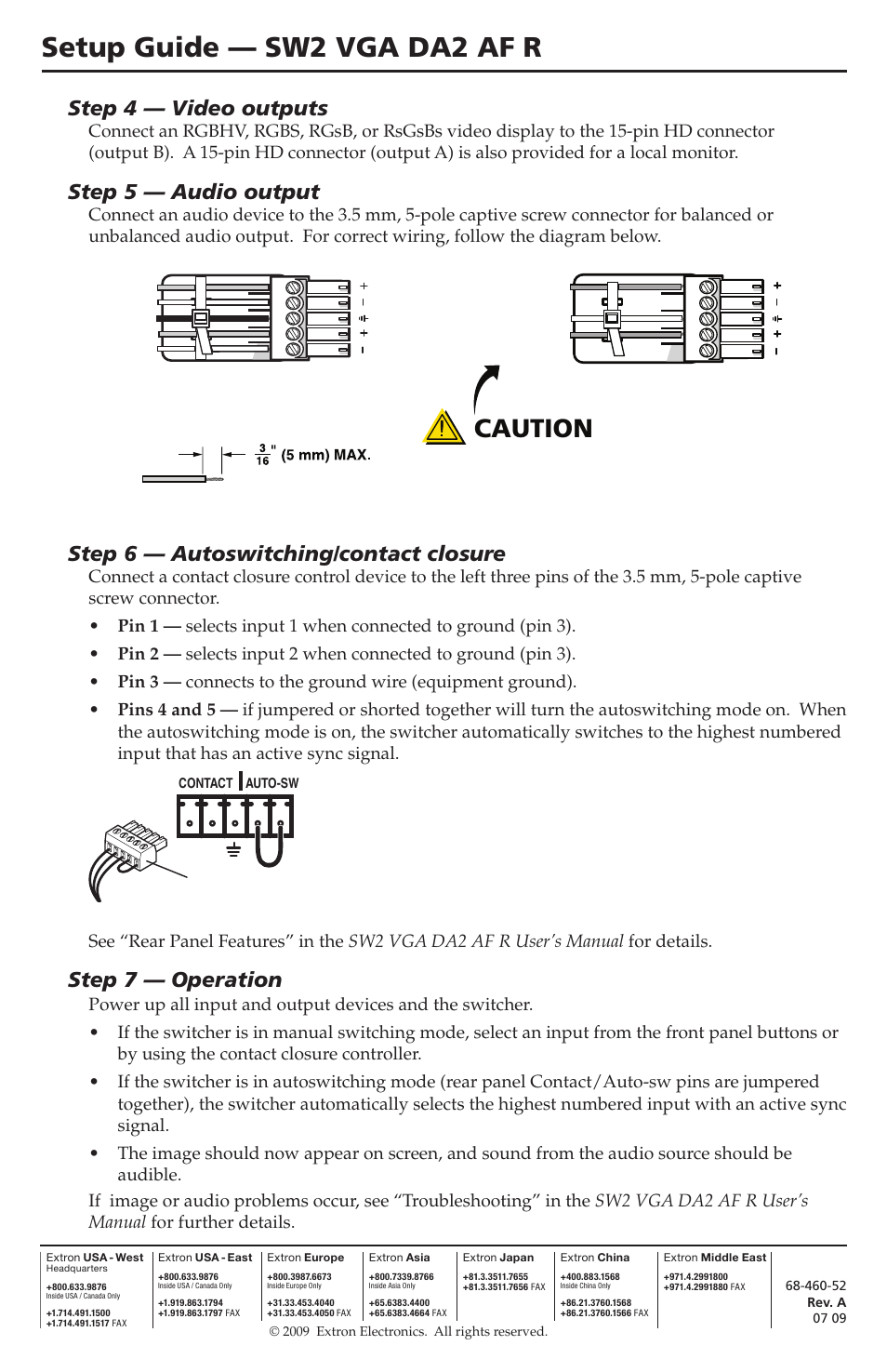 Setup guide — sw2 vga da2 af r, Caution, Step 4 — video outputs | Step 5 — audio output, Step 6 — autoswitching/contact closure, Step 7 — operation, Balanced audio output, Unbalanced audio output | Extron Electronics SW2 VGA DA2 AF R Setup Guide User Manual | Page 2 / 2