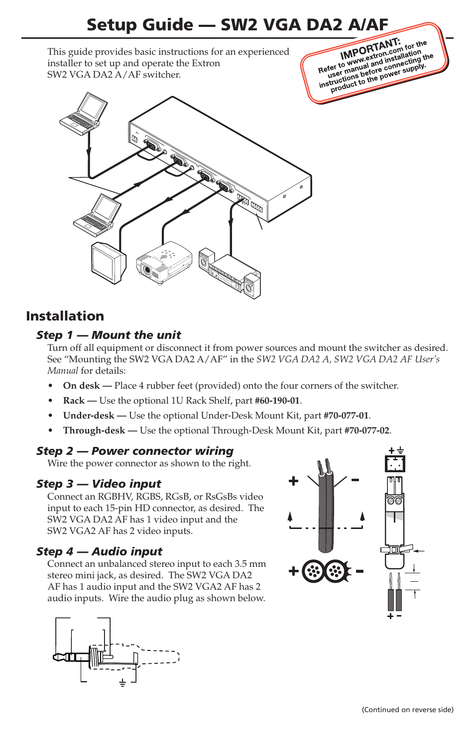Extron Electronics SW2 VGA DA2 A_AF Setup Guide User Manual | 2 pages