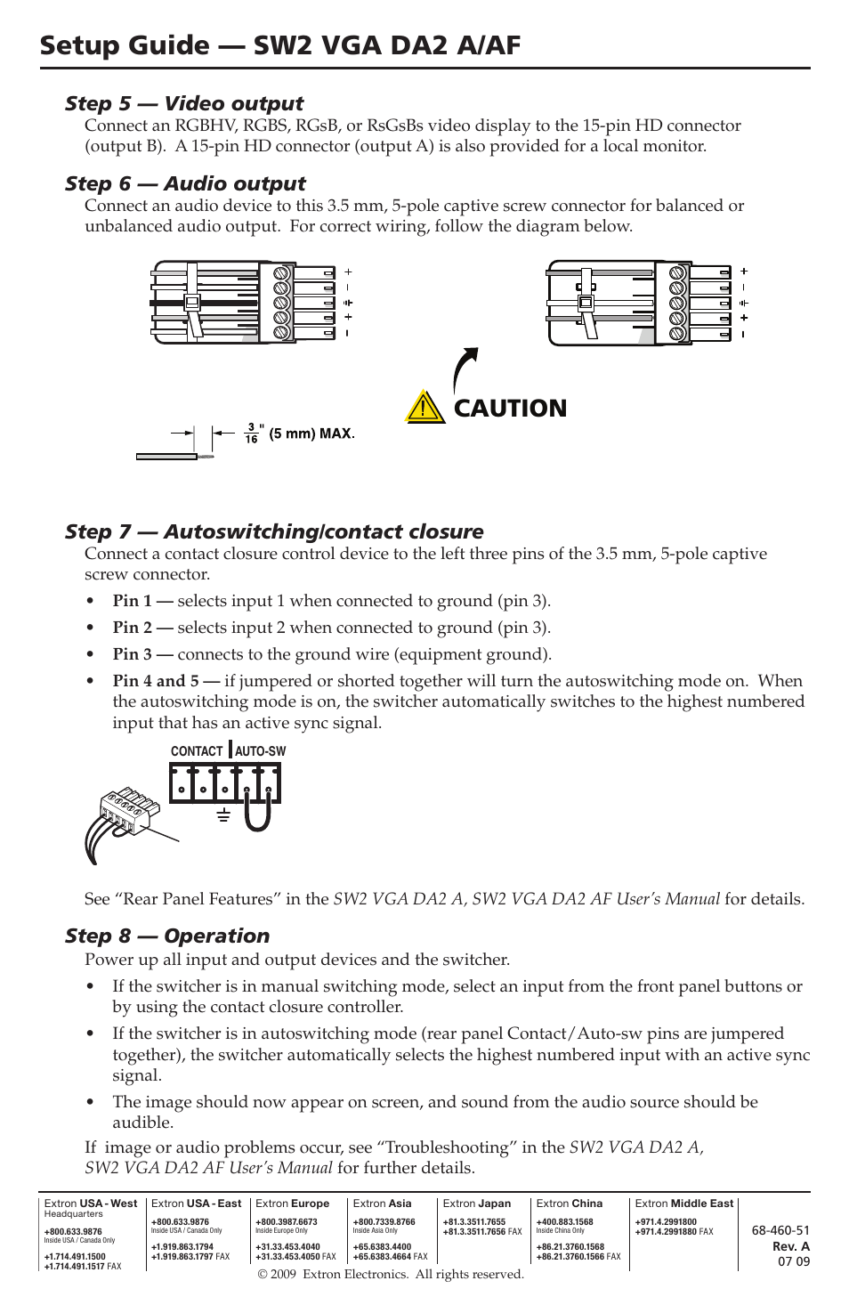 Setup guide — sw2 vga da2 a/af, Caution, Step 5 — video output | Step 6 — audio output, Step 7 — autoswitching/contact closure, Step 8 — operation, Balanced audio output, Unbalanced audio output | Extron Electronics SW2 VGA DA2 A_AF Setup Guide User Manual | Page 2 / 2