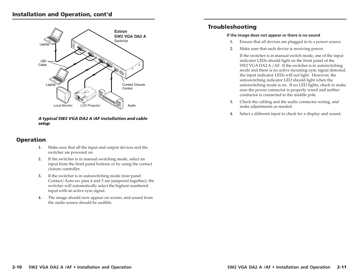 Installation and operation, cont’d troubleshooting, Operation, 12v 0.5a ma x | Sw2 vga da2 a /af • installation and operation | Extron Electronics SW2 VGA DA2 A_AF User Guide User Manual | Page 10 / 15