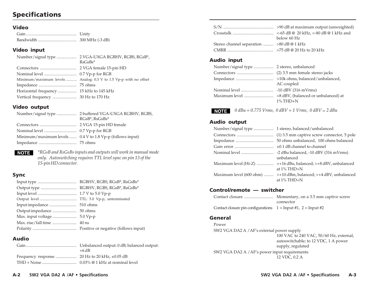 Specifications, Specifications, cont’d | Extron Electronics SW2 VGA DA2 A_AF User Guide User Manual | Page 12 / 15