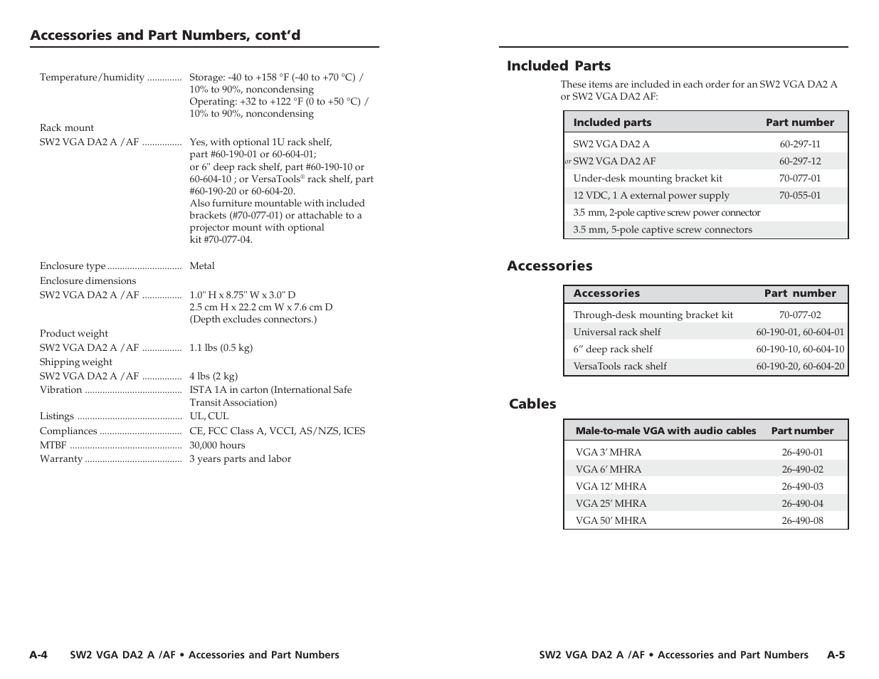 Accessories and part numbers, cont’d cables, Included parts, Accessories | Extron Electronics SW2 VGA DA2 A_AF User Guide User Manual | Page 13 / 15