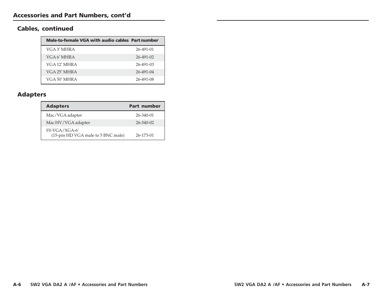 Accessories and part numbers, cont’d, Adapters, Cables, continued | Extron Electronics SW2 VGA DA2 A_AF User Guide User Manual | Page 14 / 15