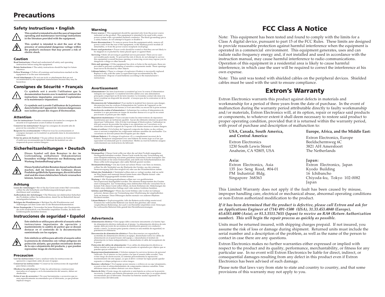 Precautions, Fcc class a notice, Extron’s warranty | Instrucciones de seguridad • español | Extron Electronics SW2 VGA DA2 A_AF User Guide User Manual | Page 2 / 15