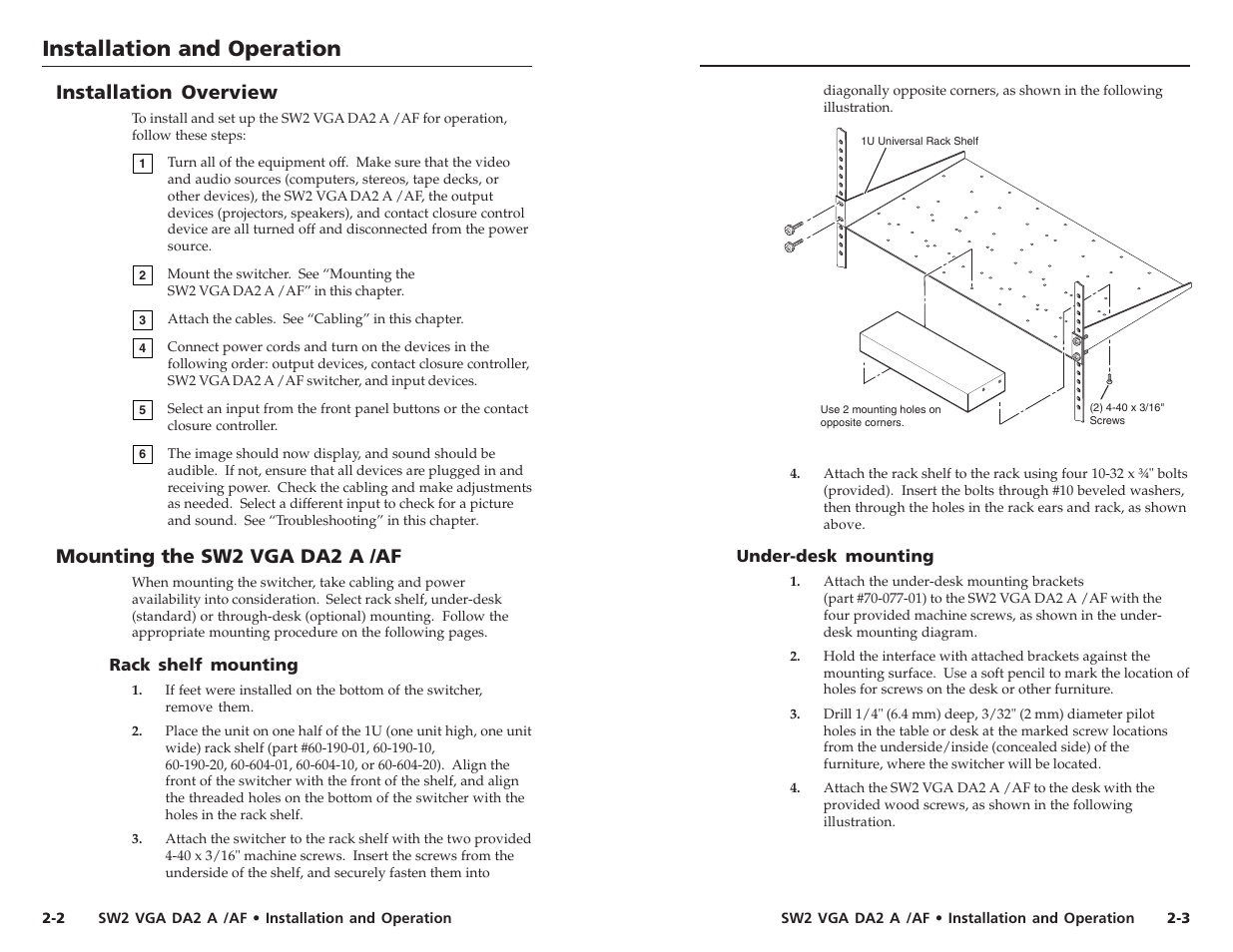 Installation and operation, Installation and operation, cont’d, Installation overview | Mounting the sw2 vga da2 a /af | Extron Electronics SW2 VGA DA2 A_AF User Guide User Manual | Page 6 / 15