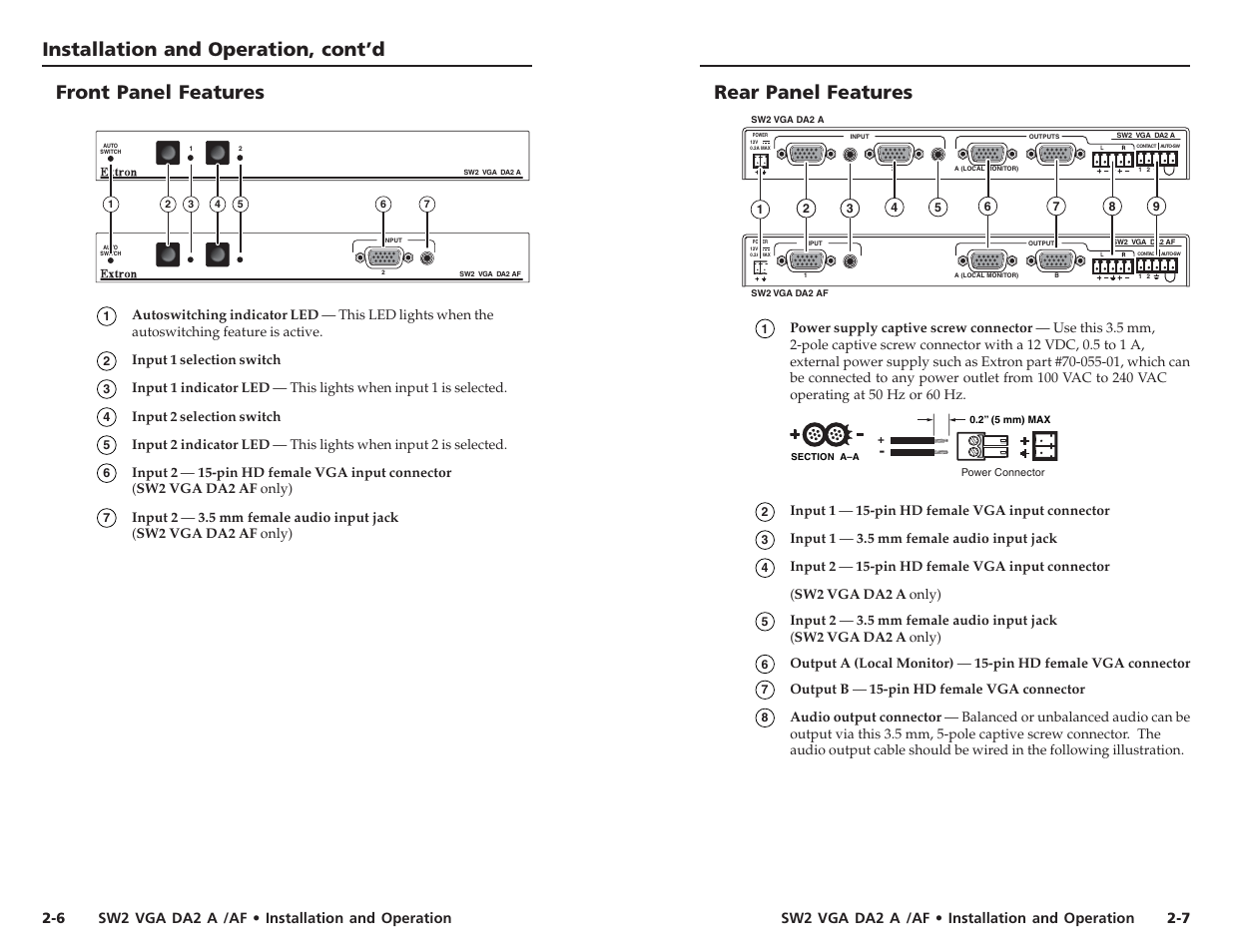 Installation and operation, cont’d, Rear panel features, Front panel features | Extron Electronics SW2 VGA DA2 A_AF User Guide User Manual | Page 8 / 15