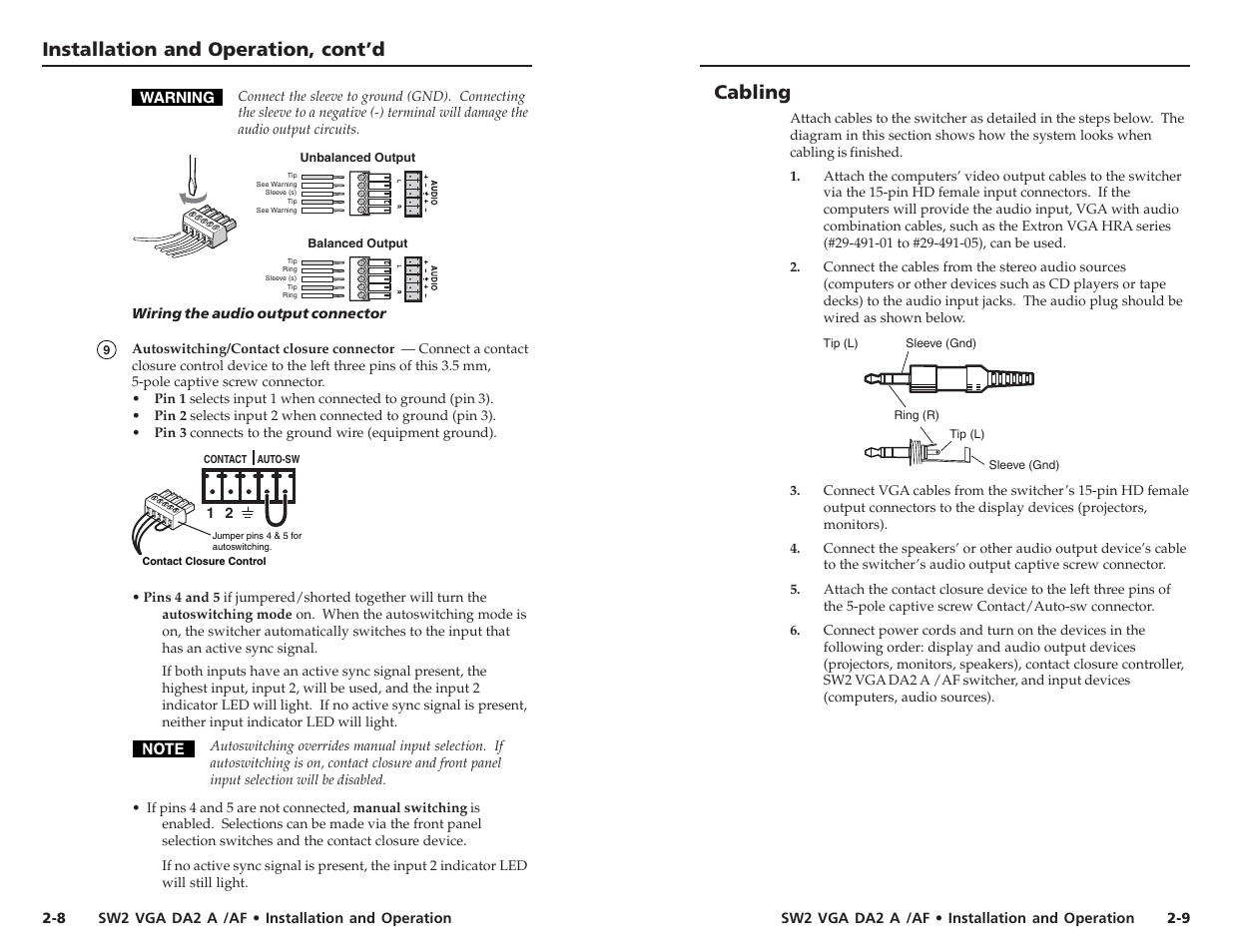 Installation and operation, cont’d cabling | Extron Electronics SW2 VGA DA2 A_AF User Guide User Manual | Page 9 / 15