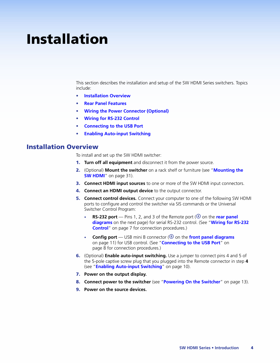 Installation, Installation overview | Extron Electronics SW HDMI Series User Guide User Manual | Page 10 / 42