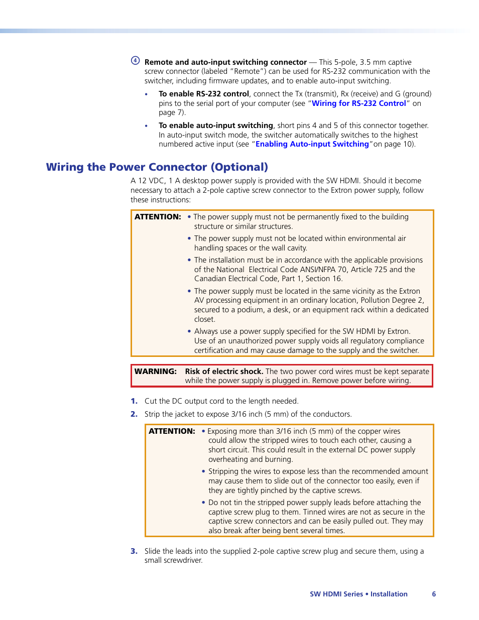 Wiring the power connector (optional) | Extron Electronics SW HDMI Series User Guide User Manual | Page 12 / 42