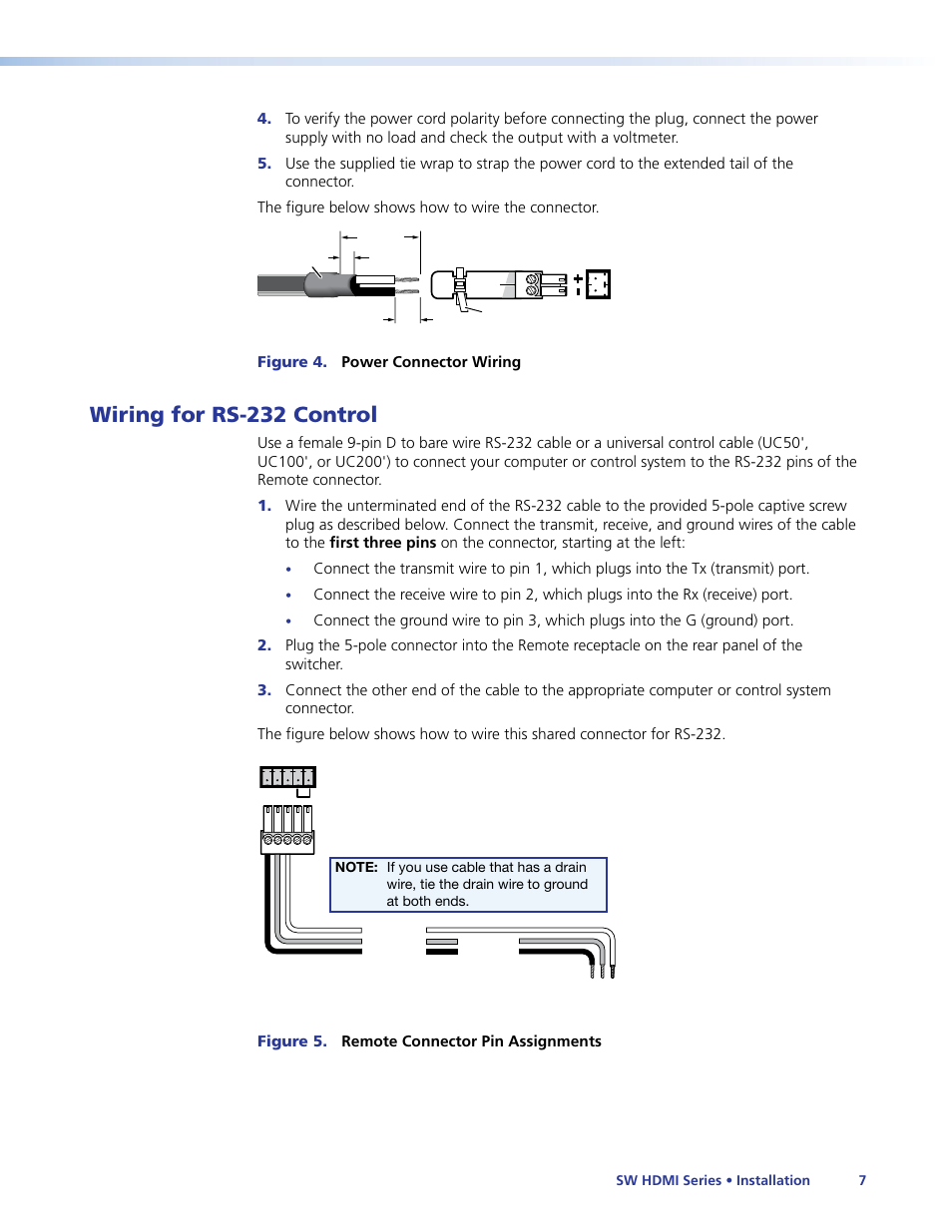 Wiring for rs-232 control, Wiring for rs-232, Control | Pins to the serial port of your computer (see | Extron Electronics SW HDMI Series User Guide User Manual | Page 13 / 42