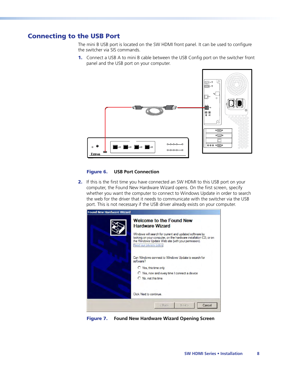 Connecting to the usb port, Sw hdmi series • installation 8 | Extron Electronics SW HDMI Series User Guide User Manual | Page 14 / 42