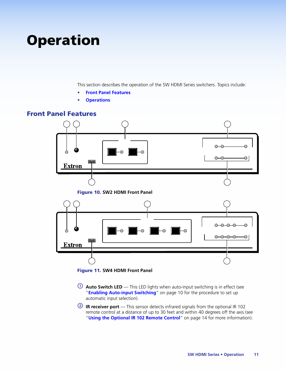 Operation, Front panel features, Front panel diagrams | Extron Electronics SW HDMI Series User Guide User Manual | Page 17 / 42