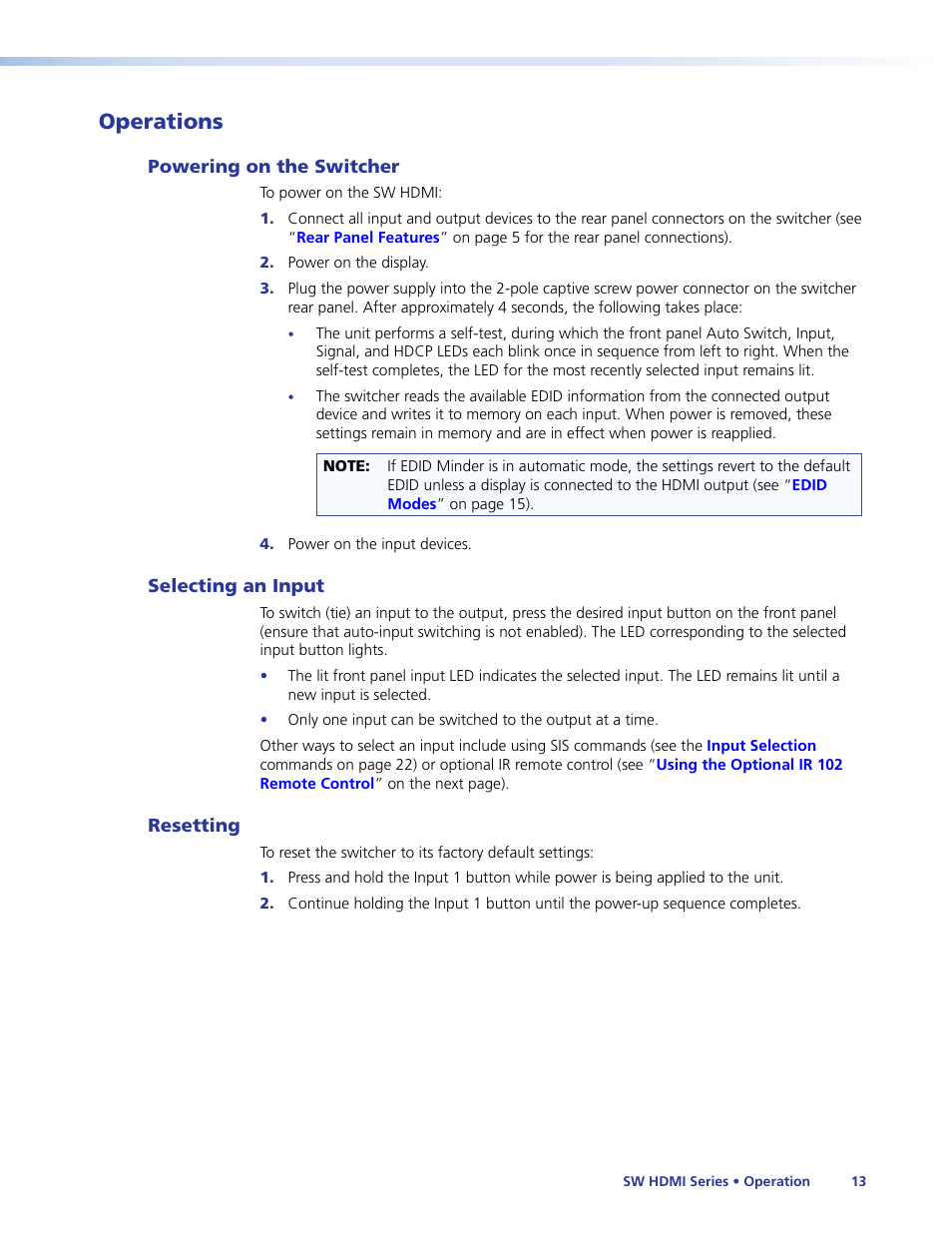 Operations, Powering on the switcher, Selecting an input | Resetting | Extron Electronics SW HDMI Series User Guide User Manual | Page 19 / 42
