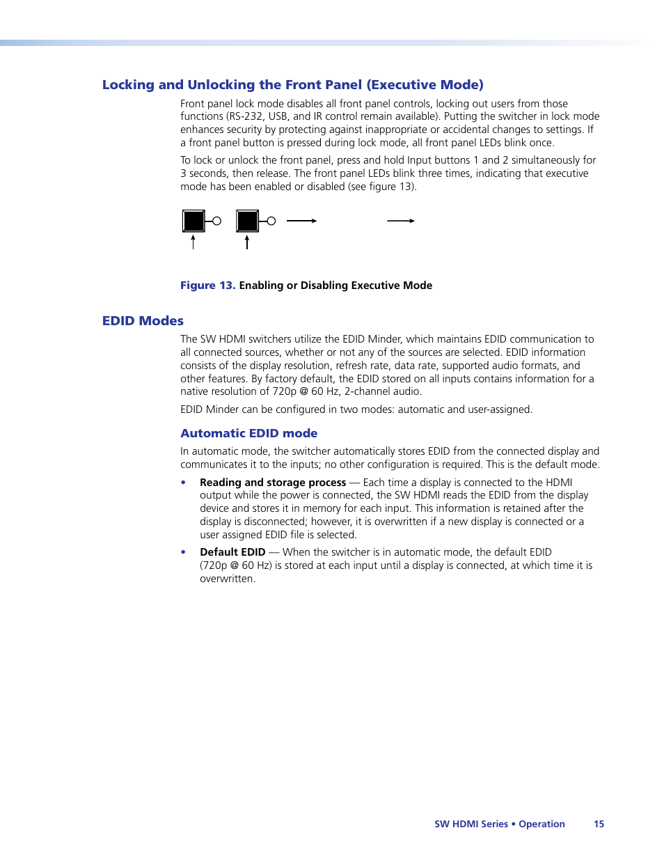 Edid modes, Automatic edid mode, Eboot (see | Eset (see, Locking and unlocking the front panel (executive, Mode), Edid, Modes | Extron Electronics SW HDMI Series User Guide User Manual | Page 21 / 42