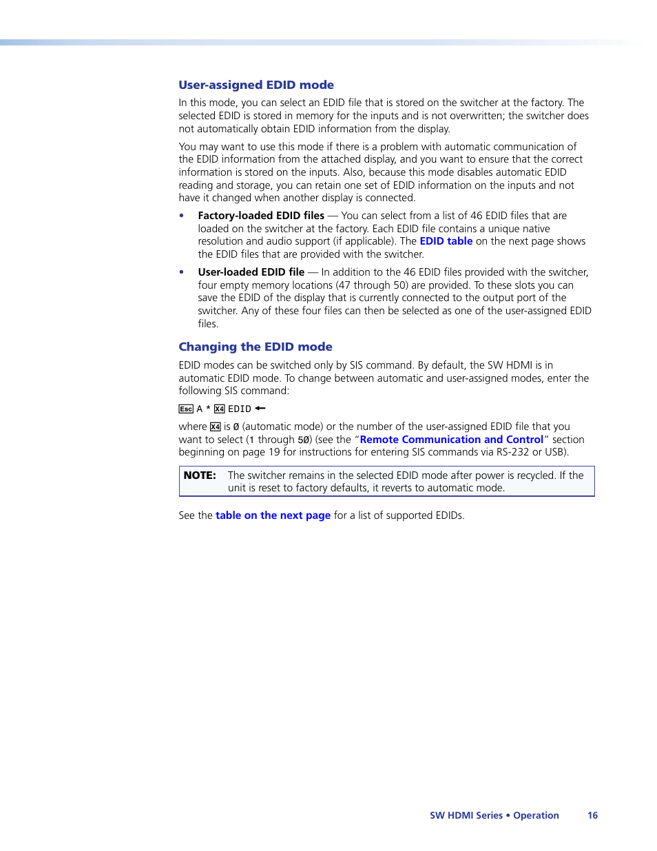 User-assigned edid mode, Changing the edid mode | Extron Electronics SW HDMI Series User Guide User Manual | Page 22 / 42