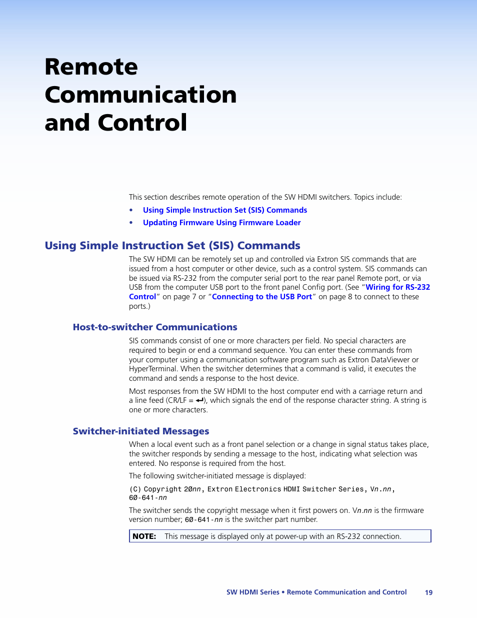 Remote communication and control, Using simple instruction set (sis) commands, Host-to-switcher communications | Switcher-initiated messages, Using simple instruction set (sis), Commands | Extron Electronics SW HDMI Series User Guide User Manual | Page 25 / 42